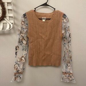Anthropologie Maeve Knit Tan Sweater Vest Sheer Black Floral Long Sleeves Size M